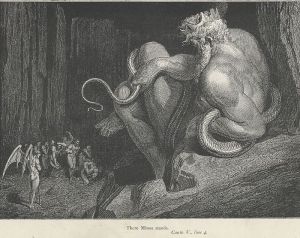 «Allí está Minos», La divina comedia (Inferno, canto V, línea 4). Ilustración de Gustave Doré.