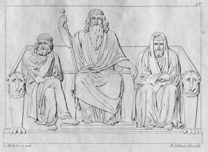 Litografía de los tres jueces de los muertos: Minos, Éaco y Radamanto (Ludwig Mack, Die Unterwelt, 1826)